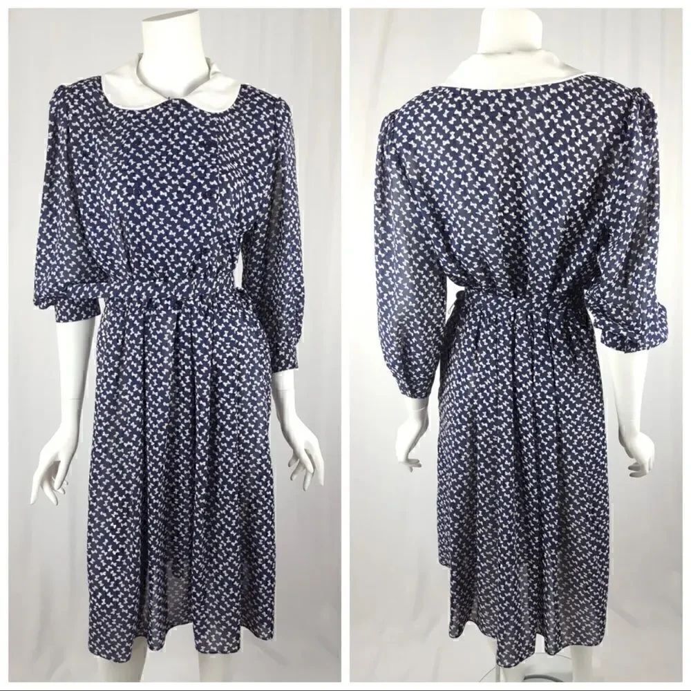 Vintage VLP Petites Womens Size 10 Navy Blue Bow Print Belted Collar Midi Dress